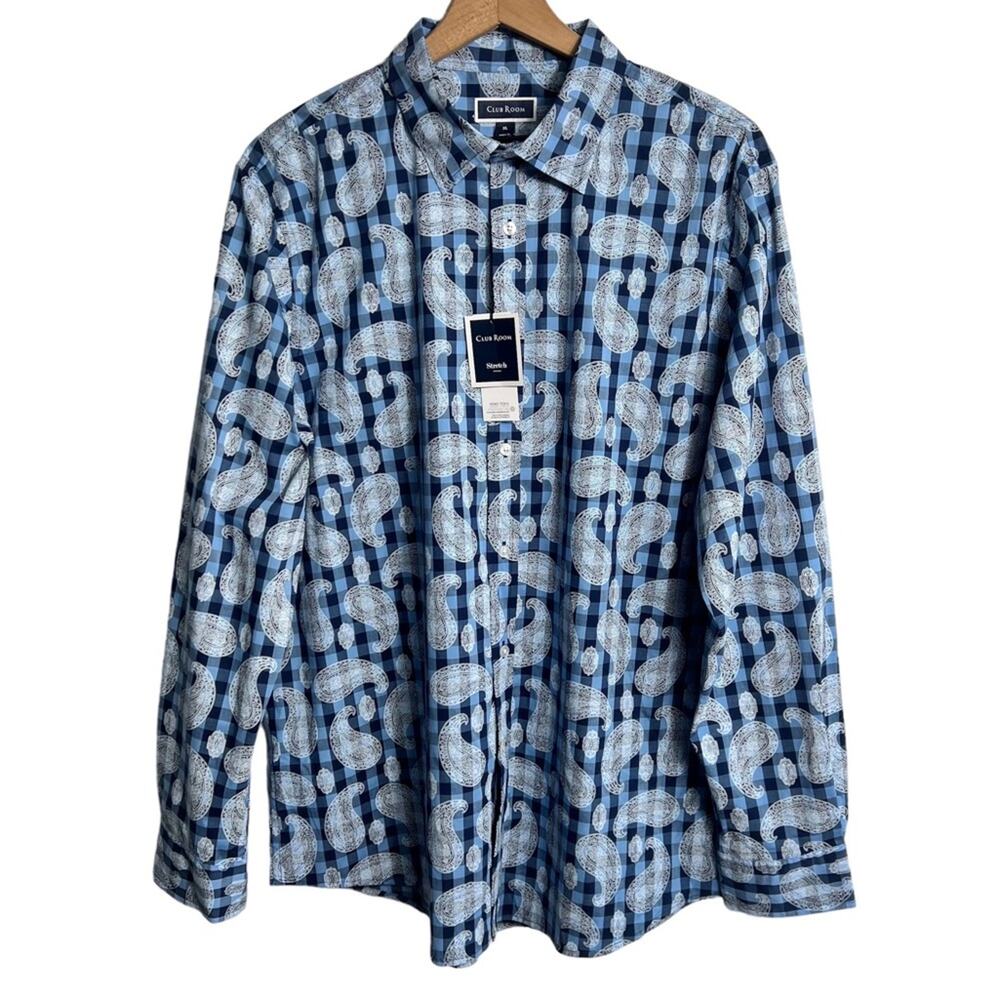 Club Room Blue Print Long Sleeve Stretchy Button Up Men Shirt Size XL New